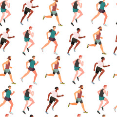 Fototapeta na wymiar Jogging runners or marathon running group of men - flat vector illustration. Seamless pattern with runners.