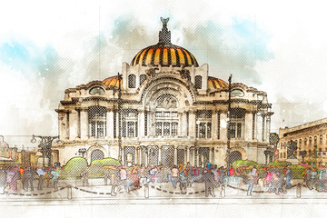 Fototapeta na wymiar Ilustración acuarela del museo de bellas artes en Ciudad de México