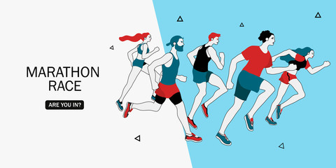 Marathon racing group of men and women - flat vector illustration. Creative landing page and web banner design concept.