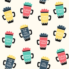 Vector seamless coffee pattern. Objects and degree of roasting. Doodle style.