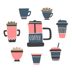 Vector set with coffee drinks and French press. Latte, Americano, espresso, cappuccino, mochaccino. Doodle, hand drawn styles.