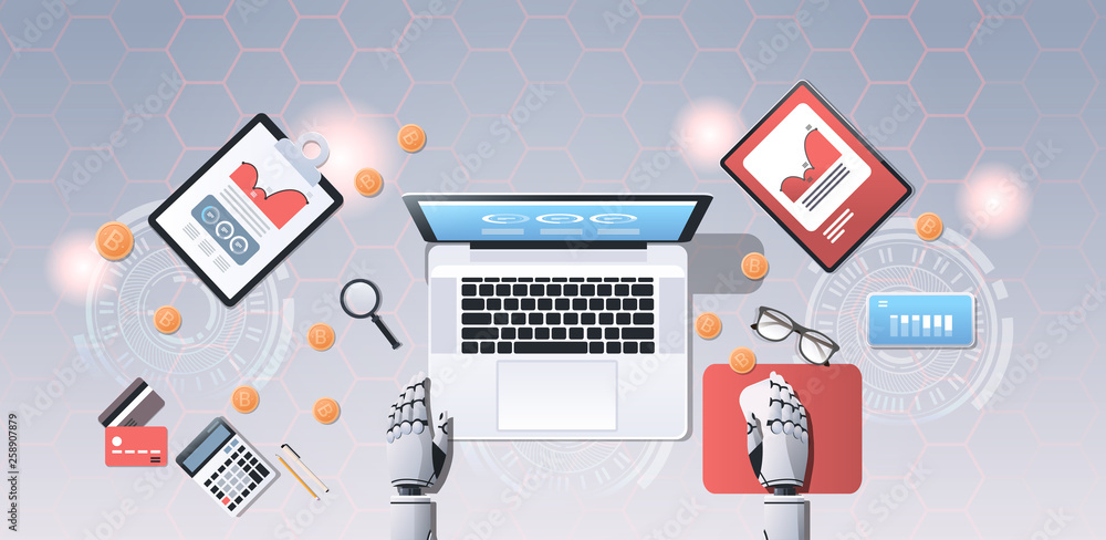 Poster crypto currency trading bot block chain concept bitcoin mining robotic hands using laptop at workpla
