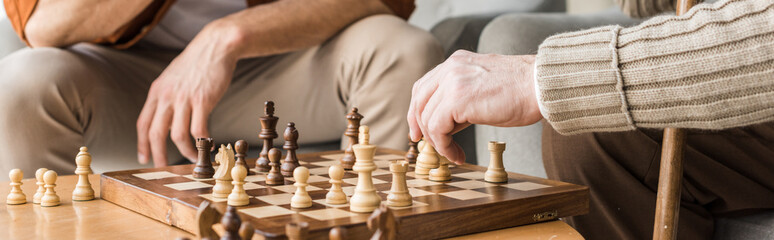 panoramic shot of retired father and son playing chess at home