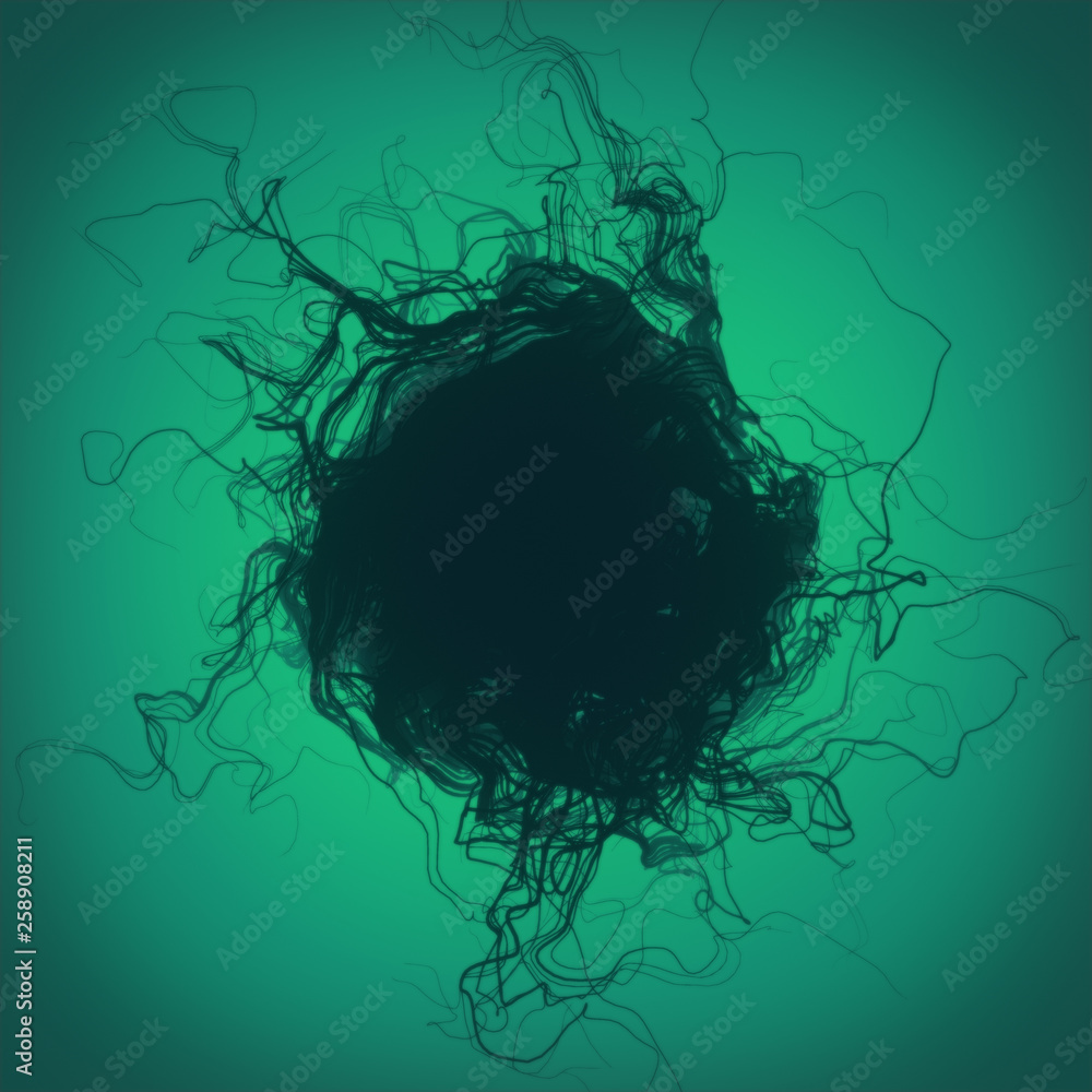 Aufkleber Abstract interweaving psychedelic dark lines surrounded by colored mist. Curled wire futuristic pattern. 3d rendering
