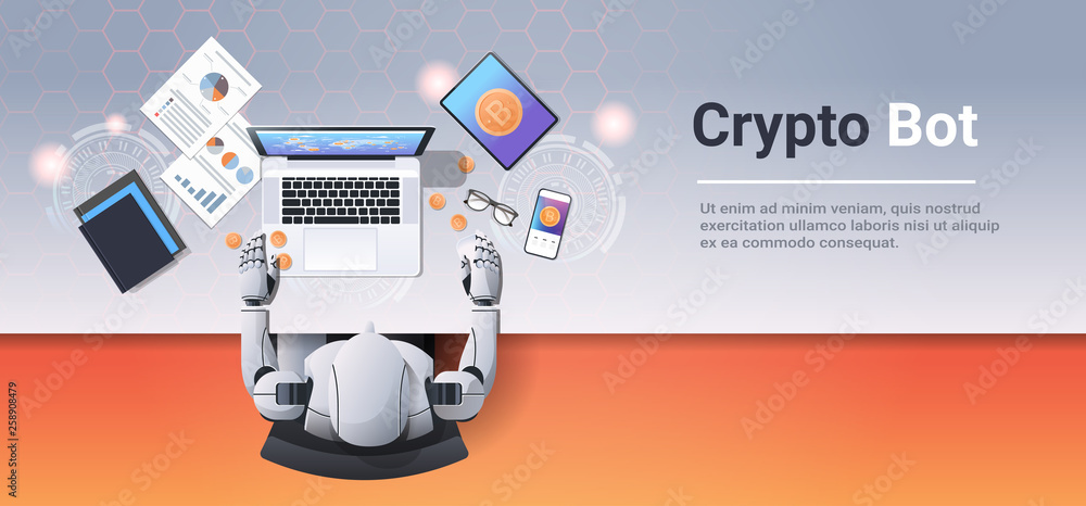 Poster crypto currency trading bot block chain concept bitcoin mining robot sitting workplace using laptop 