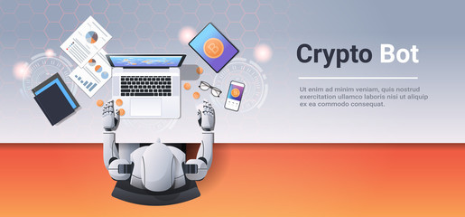 crypto currency trading bot block chain concept bitcoin mining robot sitting workplace using laptop at workplace desk top angle view office stuff flat horizontal
