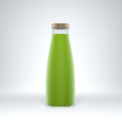 Transparent glass bottle filled by vegetable juice on the white background.