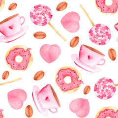 Watercolor pattern with pink sweets ice cream, fruit ice, donuts, butterflies, candy, coffee, hearts. Hand drawn illustration.