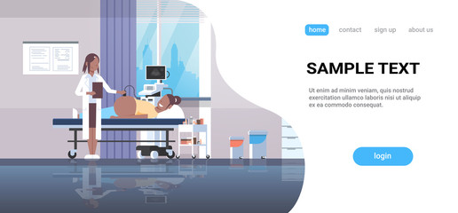 pregnant woman visiting african american doctor doing ultrasound fetus screening at digital monitor gynecology consultation concept hospital interior horizontal copy space