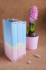 Three diaries in the cover of artificial leather watercolor tones: blue, pink, sand with hyacinth in a pot and three round beads on cork