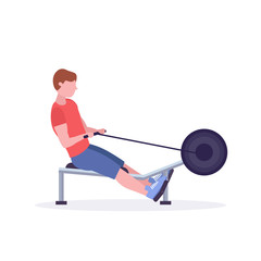 sports man doing exercises on rowing machine guy working out in gym on training apparatus crossfit healthy lifestyle concept flat white background