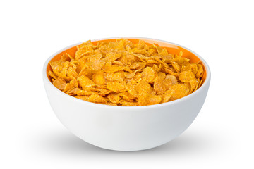 white orange bowl with fresh crunchy cornflakes isolated breakfast background