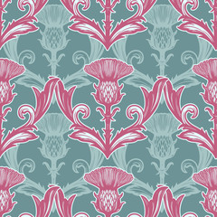 Beautiful bohemian damask seamless ornament with thistle flower.