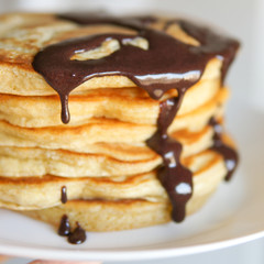 Breakfast, homemade classic american pancakes with chocolate syrup