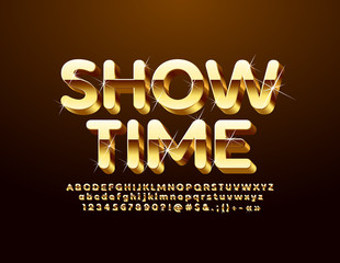 Vector Golden poster Show Time. 3D luxury Font with sparkling stars. Glittering elite Alphabet Letters, Numbers and Symbols