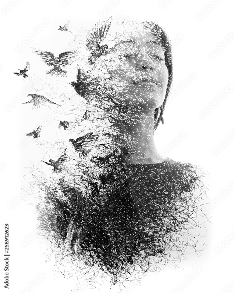 Wall mural paintography. double exposure portrait of an elegant woman with closed eyes combined with hand made 