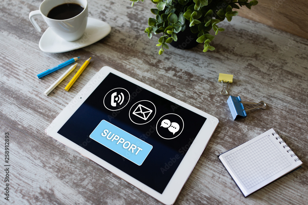 Poster technical support icons on screen. call to help center. internet and technology concept.