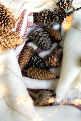 Christmas composition with fir cones. Top view.