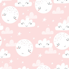 Cute hand drawn clouds and stars Seamless pattern. vector illustration.
