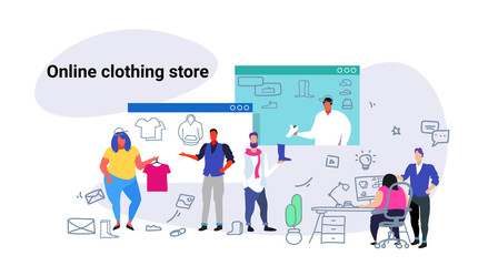 people doing online shopping fashion men women choosing items using computer application clothing store concept e-commerce sketch doodle horizontal