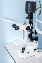 Eyes vision test medical device at ophtalmic clinic. Optometrist office with eyesight check-up equipment. Optician professional tool for person sight examination. Healthcare