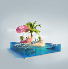 Travel and vacation background. 3d illustration with cut of the sea and beautiful island. Baby island isolated on white. © vitaliy_melnik