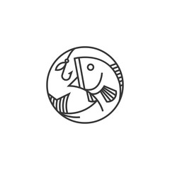Modern linear fish and fishing hook icon. Fishing symbol. Seafood, shop, store, restaurant, fishing logotype.