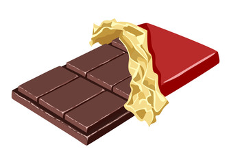 Dark chocolate bar in a red wrap and golden foil isolated on white background. Vector illustration of dessert in cartoon simple flat style.