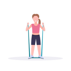 sporty woman doing exercises with resistance band girl training in gym stretching workout healthy lifestyle concept flat white background