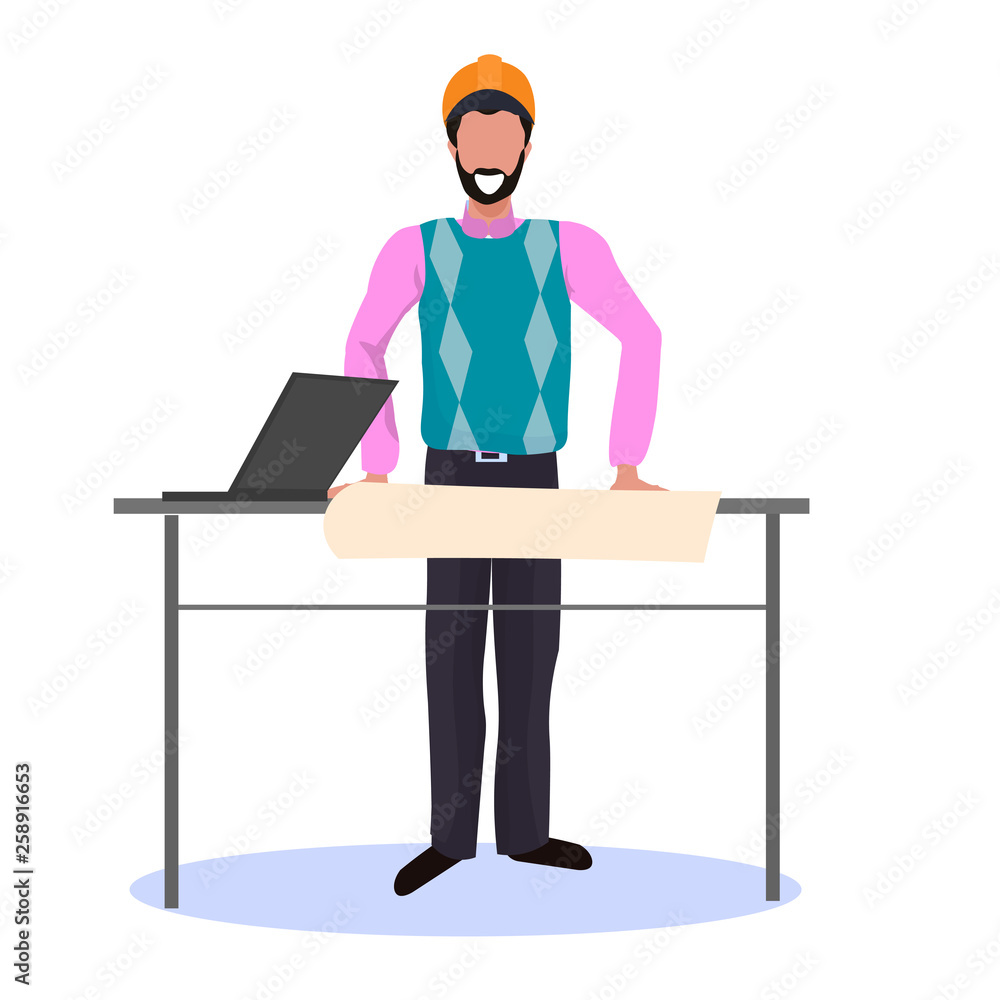 Poster architect in helmet drawing blueprint building plan using laptop panning project concept happy engin