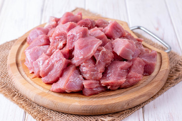 Raw meat diced with kitchen knife and chopping board