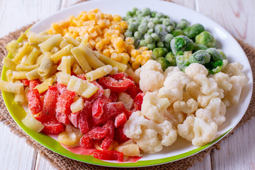 Frozen vegetables in a bowl (cauliflower, brussels sprouts, peas, peppers, corn, zucchini, green beans)