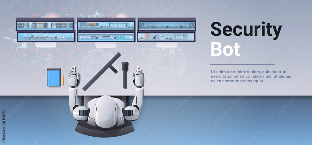 Poster security guard bot looking monitor screen robot monitoring cctv cameras artificial intelligence conc