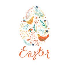Easter elements inside of egg shape. Happy Easter set of hand drawn objects. Vector illustration.