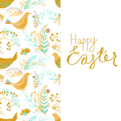 Happy Easter seamless pattern with leaves, flowers, hens, eggs. Vector hand drawn flat pattern. Greeting card.