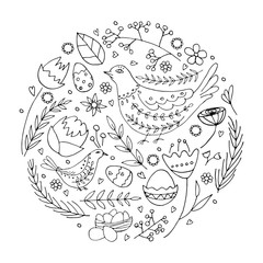 Easter elements in circle. Children's coloring book. Vector Easter illustration in doodle style.