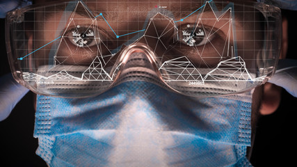 Doctor being futuristic vision with future technology glasses in hologram. immersive technology, futuristic vision and protection and security of persons. Concept of: Formula, New technology, Future.