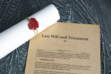 Notary's public pen and stamp on testament and last will. Notary public tools