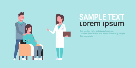husband with pregnant wife visiting female doctor gynecologist conducting pregnancy gynecology consultation concept cartoon characters full length horizontal copy space