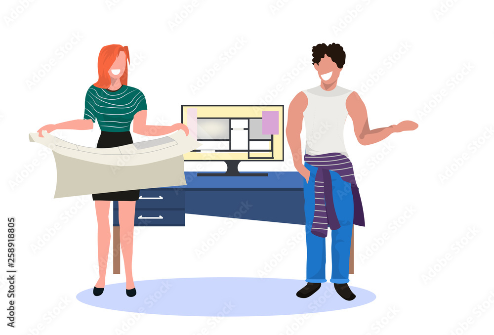 Poster couple architects holding blueprint working on computer software to design floor plan construction p