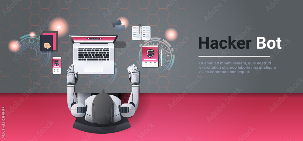 Poster robot hacking digital devices computer hacker bot concept data privacy attack internet information s