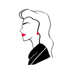 Stylized drawing of elegant fashionable pretty girl. Profile portrait of young stylish woman with red lips, earrings and loose long hair isolated on white background. Hand drawn vector illustration.