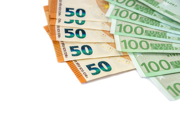 banknotes of one hundred and fifty euros on a white background