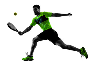 one caucasian man playing PadDLe tennis player isolated on white background