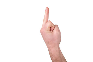 Man hand raise middle finger on white background
