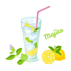 Mojito with ice cubes isolated on white background. Vector illustration of  refreshing cocktail in glass with straw. Fresh green leaves of mint, juicy lemon. Сartoon simple flat style.