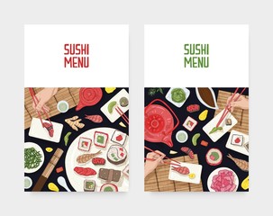 Set of menu cover templates with dining table and hands holding sushi, sashimi and rolls with chopsticks on black background. Realistic vector illustration for Japanese restaurant advertisement.