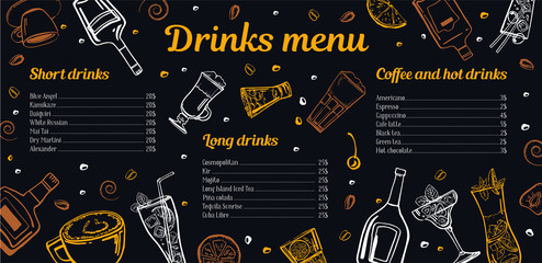 Cocktails, coffee and hot drinks menu design template with list of drinks and images of bottles, glasses and mugs. Vector outline sketch hand drawn illustration with blackboard background