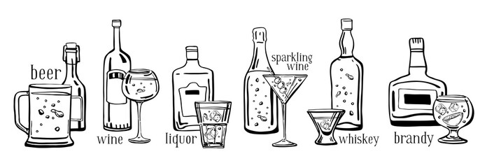 Vector outline hand drawn sketch illustration set with alcohol bottles, drink titles and glasses isolated on white background