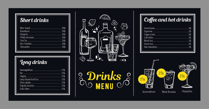 Cocktail menu design template with list of cold and hot drinks and illustrations with cocktails and bottles. Vector hand drawn graphics on blackboard background